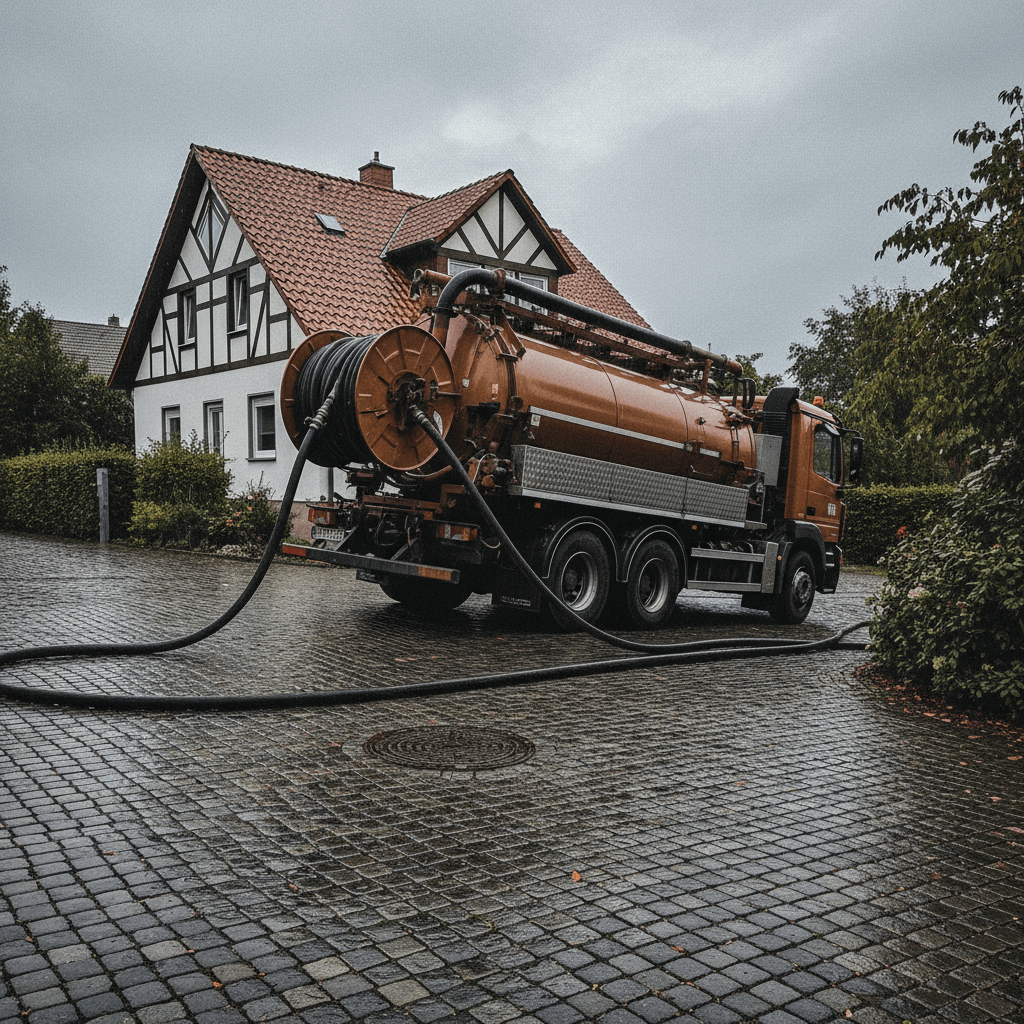 Hochdruckspülfahrzeug im Einsatz vor einem Wohnhaus