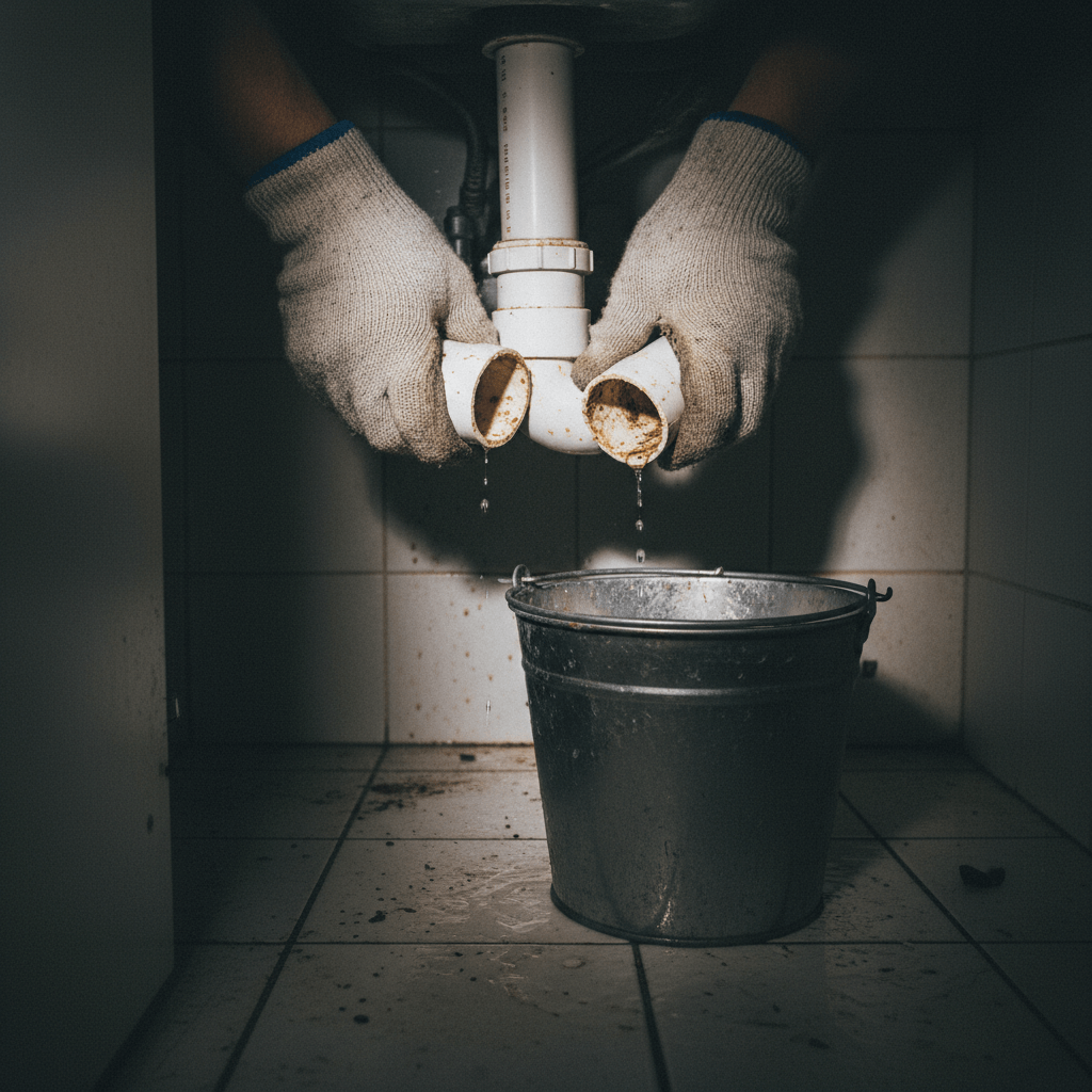 Techniker bei der Arbeit an einem verstopften Abflussrohr